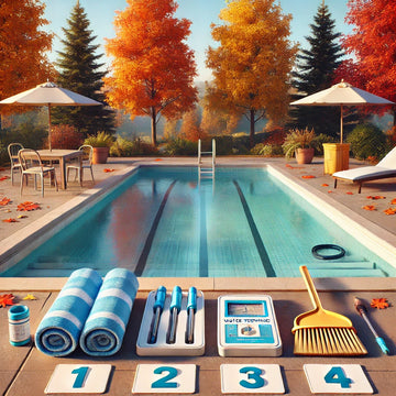 Swimming pool with numbers and accessory in front ready to prepare for winter pool closing