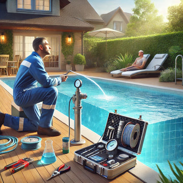 Swimming pool technician filling an inground pool with water. Tools around the pool