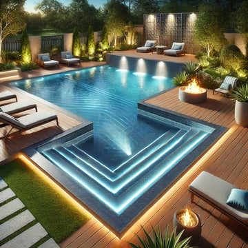 beautiful outdoor inground pool with tanning chair & lights