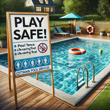 Backyard pool with a “Play Safe!” sign, safety features like a fence and life-saving float nearby.