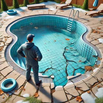Pool technician inspecting pool for winter damage by the poolside with fallen leaves nearby