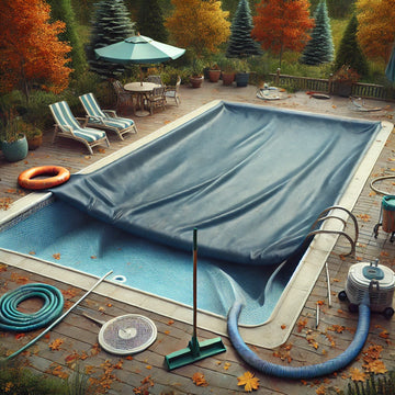 Backyard pool being securely covered for the season with tools and fallen leaves around.