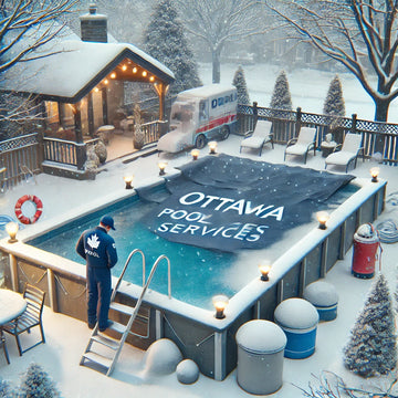 Backyard pool with winter cover, snow on top, and a technician checking equipment in winter.