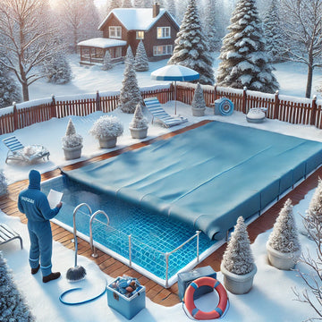 Backyard pool in winter with a secure cover, snow, and a technician inspecting equipment.