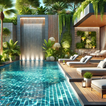 Luxurious backyard pool with stylish furniture, vibrant greenery, and a waterfall feature.