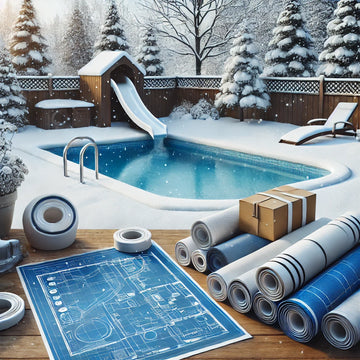 Snow-covered backyard with pool design blueprint and construction materials in the foreground.