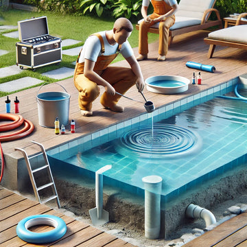 Homeowner performing pool leak detection with dye testing and a bucket in a clean backyard pool.