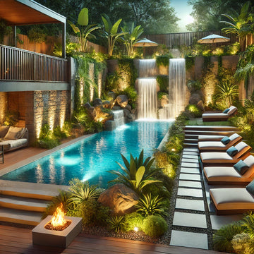 Backyard transformed into a personal oasis with a luxurious pool, waterfall, and tropical plants.