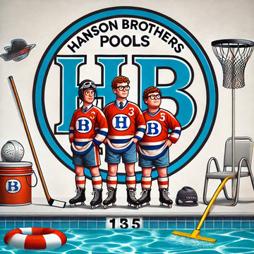HB Pools logo with three vintage hockey figures in the background, referencing the Hanson Brothers from Slap Shot.