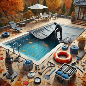 Pool being covered for winter with equipment neatly arranged and autumn leaves around.