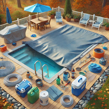 Backyard pool covered for winter with neatly stored equipment and autumn leaves falling.