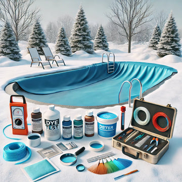 Inground pool with winter cover and leak detection tools like a dye test kit and water level markers nearby.