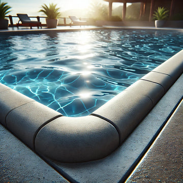 Close-up of pool coping neatly installed around the edge, protecting the concrete deck.