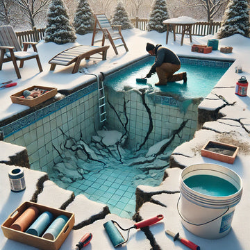 Technician repairing pool edge cracks with tools nearby, surrounded by snow from winter damage.