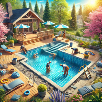 Backyard pool undergoing spring renovation with blooming trees and workers repairing tiles.