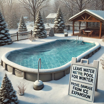 Backyard pool in winter, partially filled with water, covered with snow, and a sign reminding to leave water in the pool.