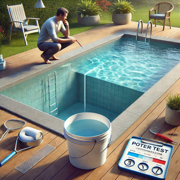 Inground pool with water level slightly low, homeowner performing a bucket test to check for leaks or evaporation.