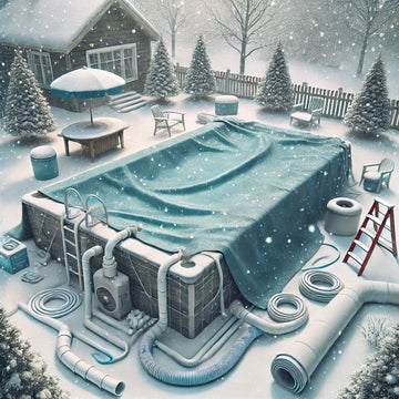 Backyard pool covered with a winter cover and insulated pipes, surrounded by falling snow and bare trees.