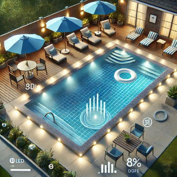 Backyard pool with budget-friendly upgrades like LED lighting, updated furniture, and a small fountain.