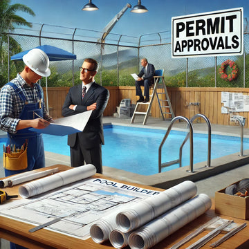 Pool builder reviewing construction blueprints for an inground pool with a 'Permit Approvals' sign nearby.