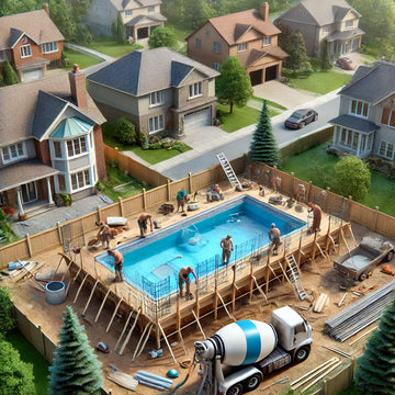 Inground pool installation in progress in a residential backyard with workers using tools and materials.