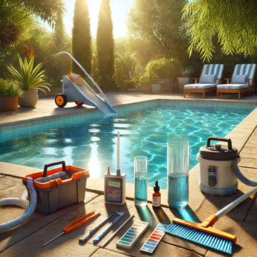 Backyard pool with clear water, surrounded by maintenance tools like a skimmer and vacuum in the summer.