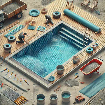 Inground pool undergoing renovation with tools and materials like tiles and a pool liner arranged beside it.