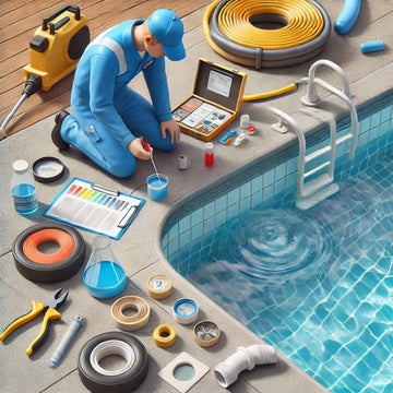 Pool technician using a dye testing kit to detect and diagnose a leak in an inground pool with repair tools nearby.