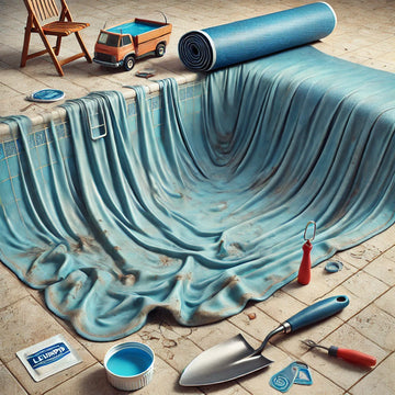 Pool liner with wrinkles, fading, and small tears, with tools like adhesive and a trowel nearby for replacement.