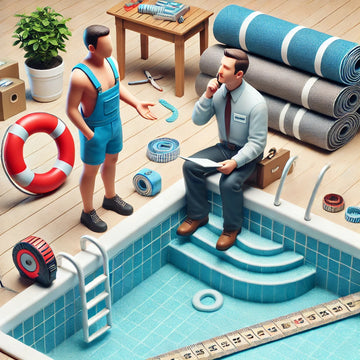 Pool expert and homeowner discussing pool liner replacement with tools and liner materials nearby.