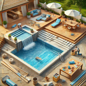 Backyard pool undergoing renovation with new tiles, waterfall feature, and modern poolside furniture being added.