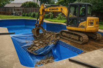 Inground pool being removed using a shovel operator