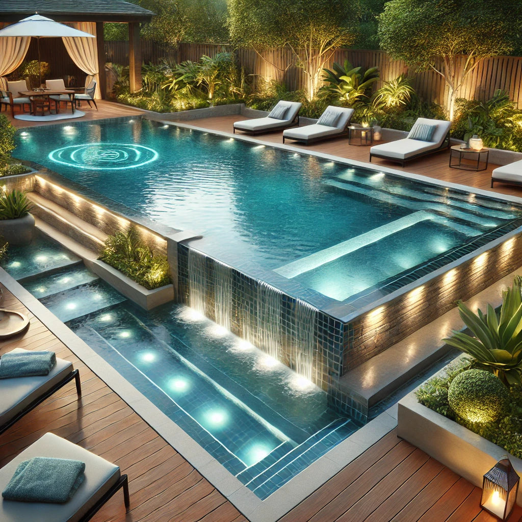 Luxury inground pool with lights all around