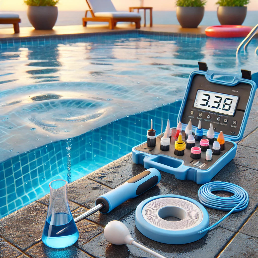 Pool leak detection tools near the poolside with no one in the water