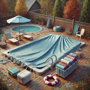 Backyard pool being covered for winter with fallen leaves and bare trees around.
