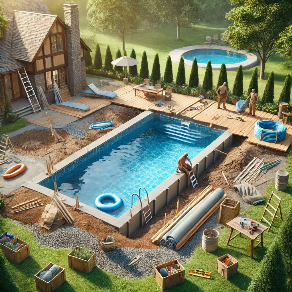Inground pool under construction with tools and materials arranged in a backyard.