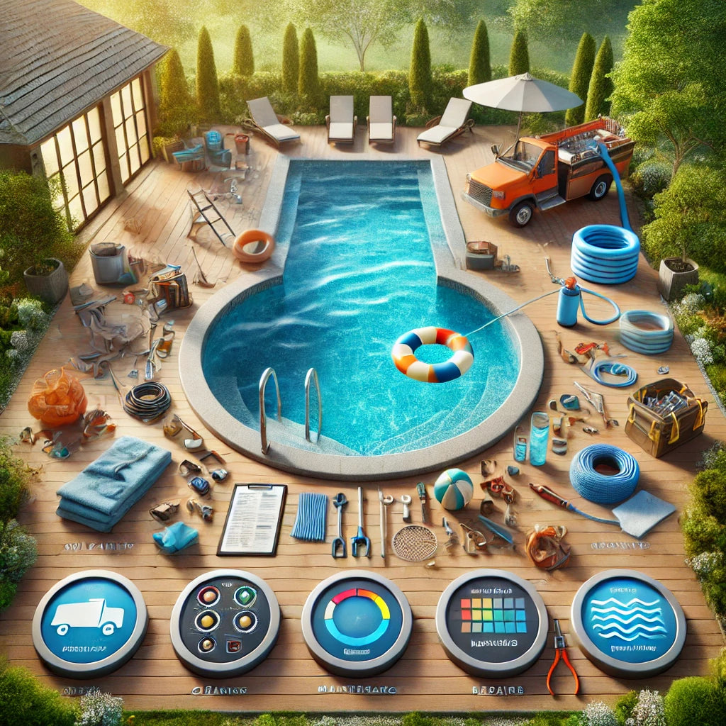Inground pool with tools representing cleaning, maintenance, repairs, and water testing services.