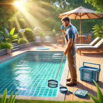 Pool technician using a skimmer and testing kit to maintain a clean backyard pool.