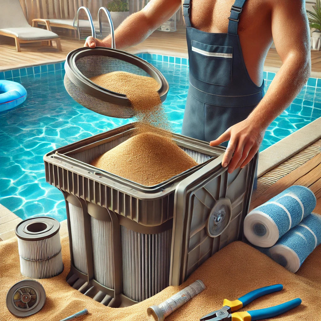 Pool technician changing filter sand, with tools and fresh sand near the open filtration system.