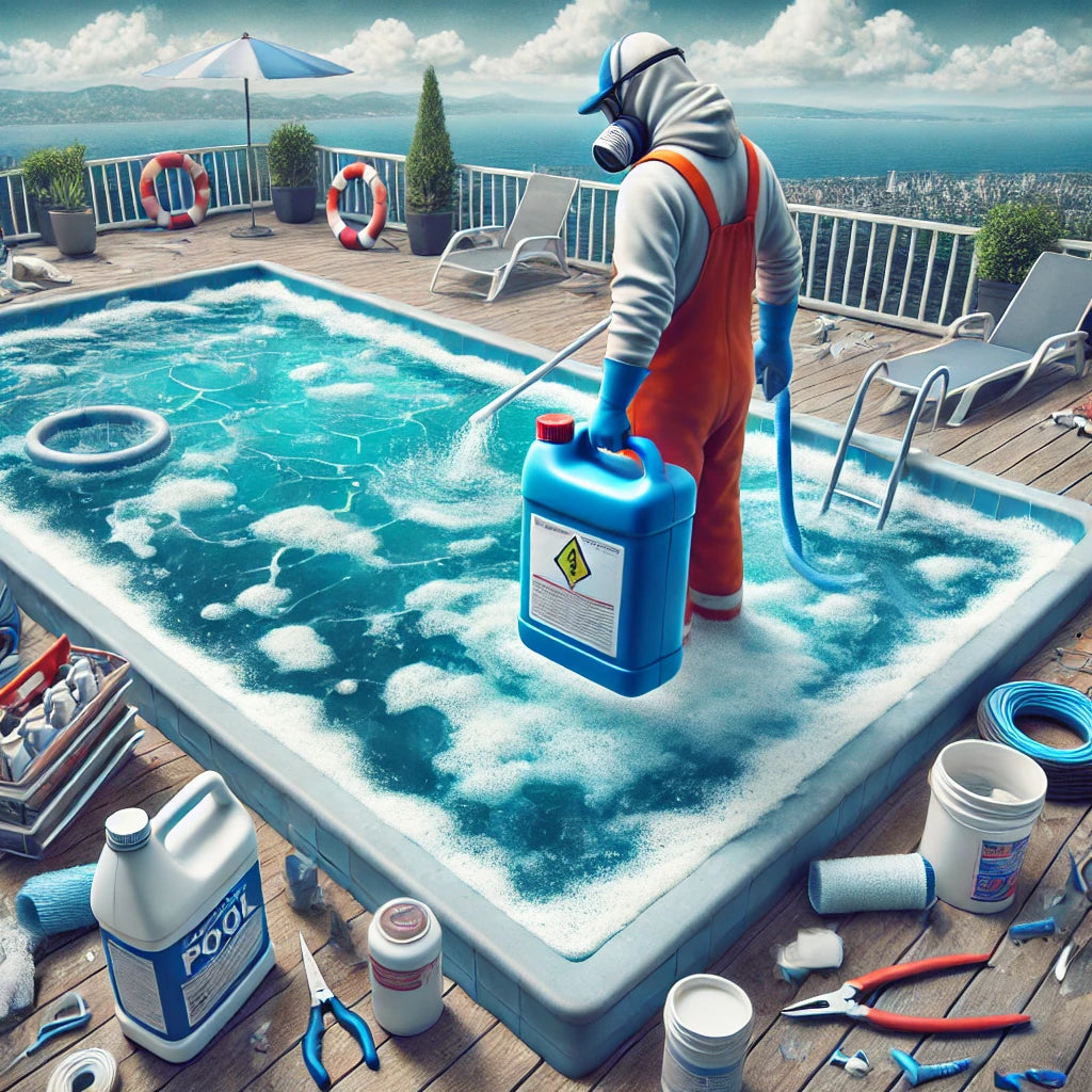 Improper pool maintenance with scattered tools, cloudy water, and incorrectly applied chemicals.
