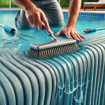 Close-up of pool liner with wrinkles, technician using tools to smooth the liner.