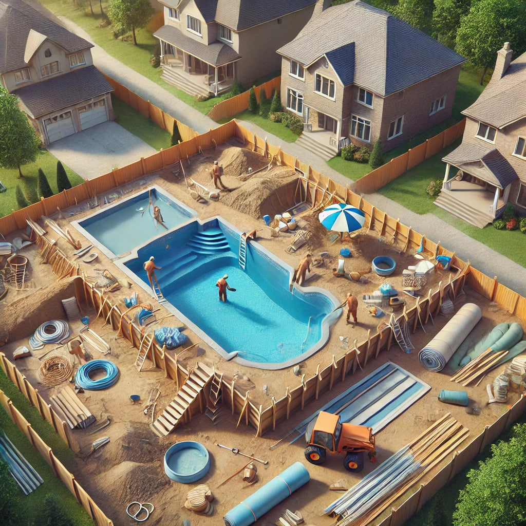 Inground pool installation in progress with workers placing materials in a residential backyard in a suburban neighborhood.