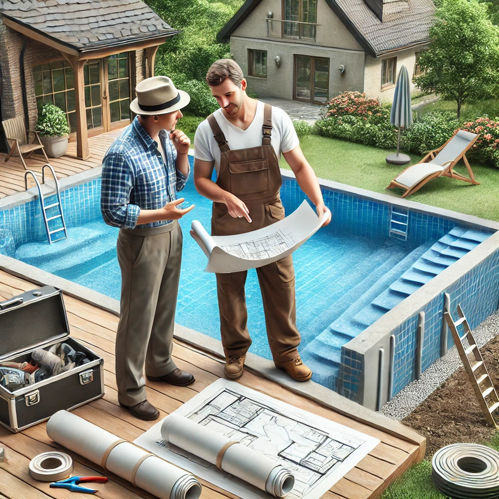 Homeowner discussing pool plans with a builder by a partially constructed inground pool in a backyard.