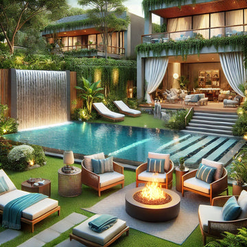 Luxurious backyard with a pool, lounge chairs, stylish furniture, and a cozy fire pit, transformed into a staycation retreat.