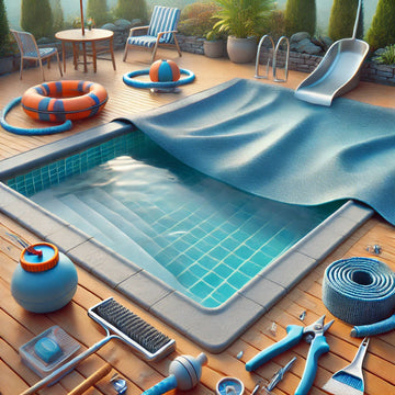 Backyard pool being re-opened after winter with tools like a skimmer and vacuum nearby.