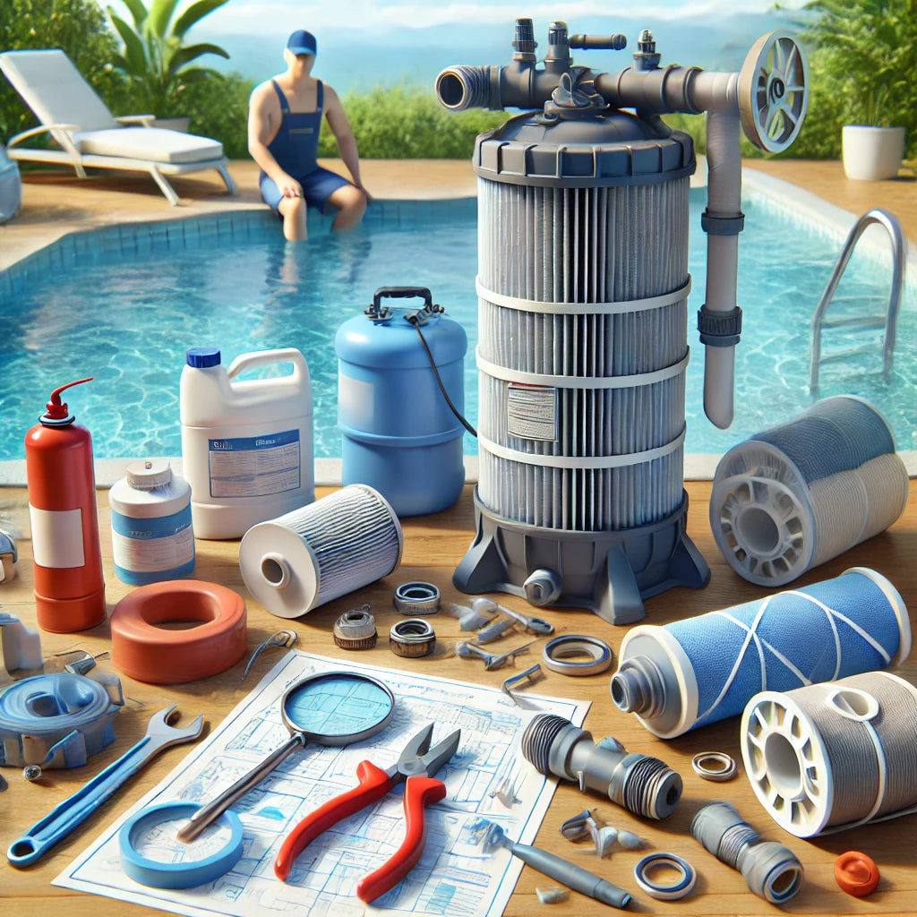 Technician inspecting a pool filter with tools like a wrench and cleaning materials nearby, addressing common filter problems.