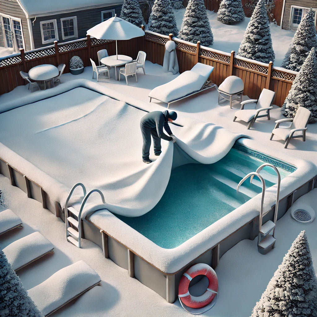 Pool technician inspecting a fully covered backyard pool during a mid-winter check-in with snow on the ground.