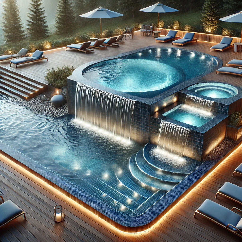 Modernized inground pool with sleek tiles, waterfall feature, LED lighting, and a stylish deck with lounge chairs.