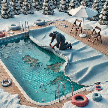 Pool technician repairing a winter pool cover with patch tools, surrounded by snow near an inground pool.