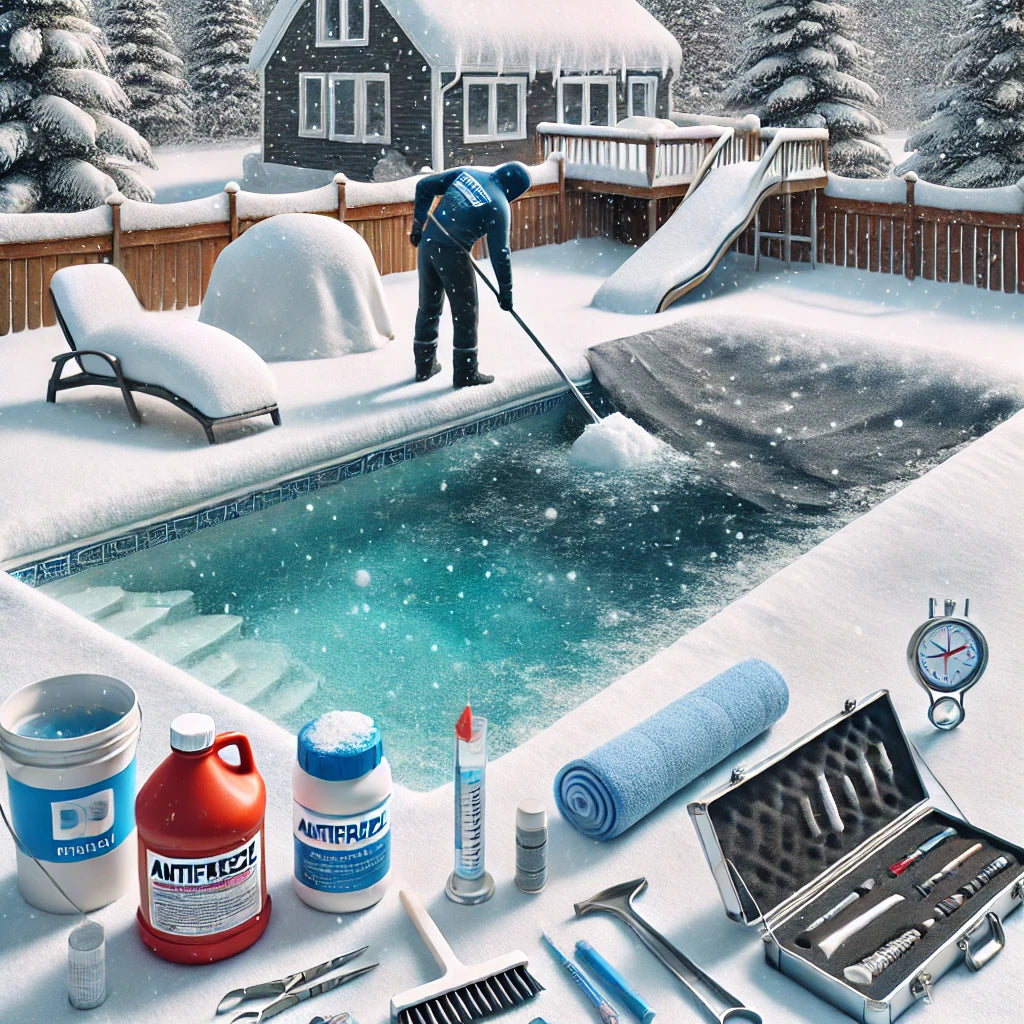 Pool technician clearing snow from a backyard pool cover, surrounded by winter maintenance tools in heavy snowfall.